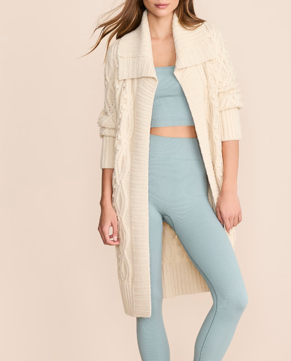 Lou & Grey Cable Knit Collared Open Cardigan Sweater Ivory Sz M Classic Cozy